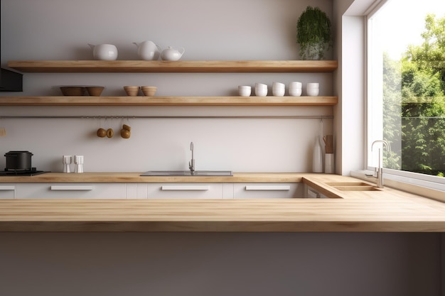 Piano in legno sullo sfondo della cucina moderna AI generato