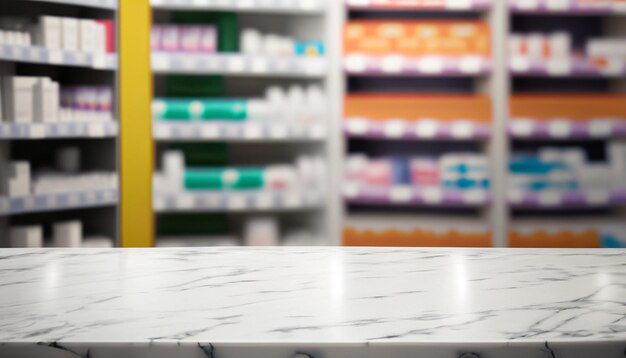 Piano in marmo bianco vuoto con sfocatura sullo sfondo degli scaffali della farmacia della farmacia