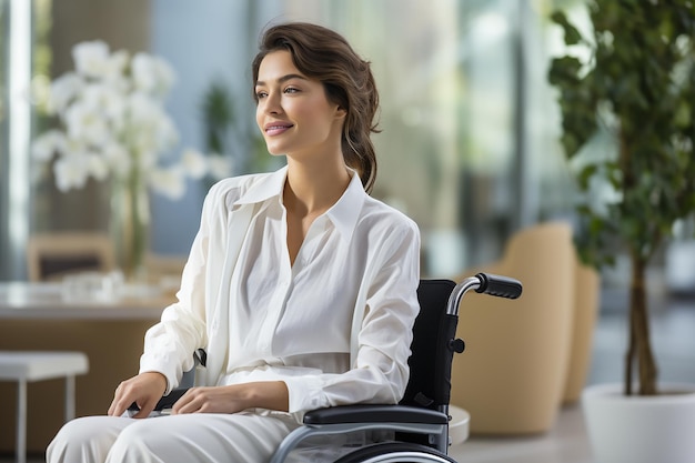 piano medio una bella donna bruna in un abito da lavoro si siede su una sedia a rotelle in ufficio e lo