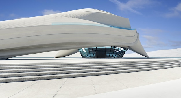 Piano vuoto con edificio moderno e futuristico dal design aerodinamico