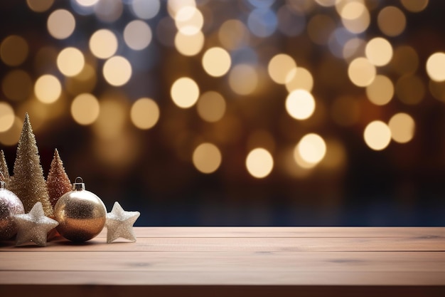 Piano vuoto del tavolo in legno con luci bokeh decorazioni natalizie Copia spazio per la presentazione del prodotto oggetto Mostra pubblicità promozionale Scena vuota festosa Buon Natale AI generativa