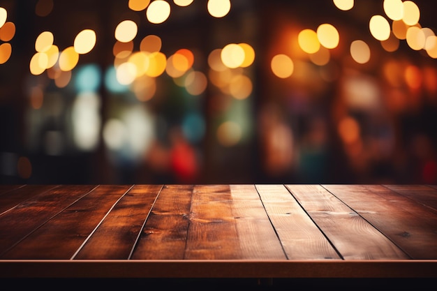 Piano vuoto del tavolo in legno con sfondo bokeh sfocato Immagine del tavolo in legno di fronte alle luci astratte sfocate del ristorante