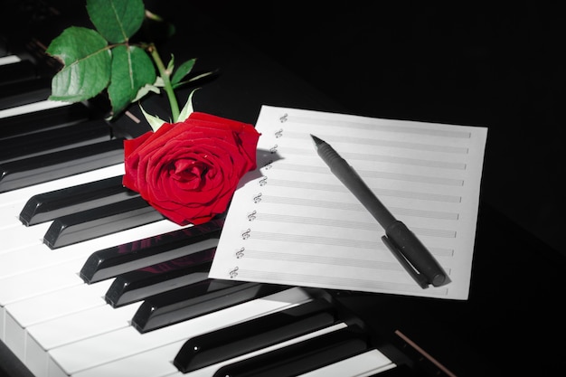 Pianoforte a coda con rosa rossa