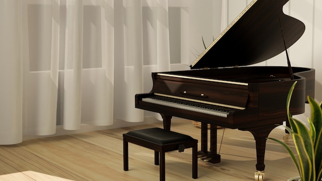 Pianoforte a coda in soggiorno moderno con tenda da pavimento in rovere chiaro e strumento musicale vegetale 3d