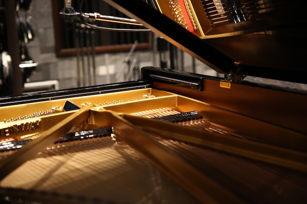 Pianoforte a coda in studio vista dall'interno