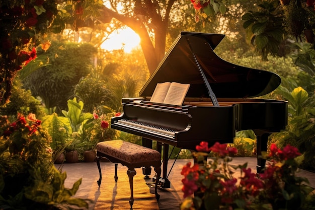 Pianoforte a coda nel giardino al tramonto scena musicale della natura