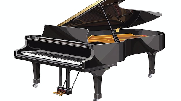 Pianoforte a coda nero con il coperchio aperto isolato su uno sfondo bianco