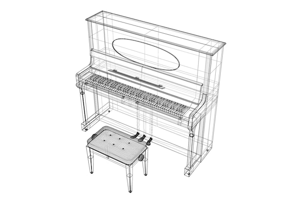 Pianoforte antico con percorso, struttura del corpo del modello 3D, modello del filo