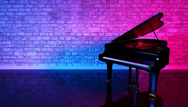 Pianoforte nero in studio con illuminazione al neon, illustrazione 3d