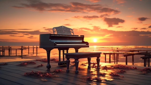 Pianoforte seduto su un molo al tramonto Bel paesaggio Strumento