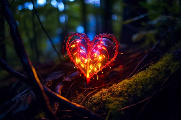 Pianta bioluminescente incandescente a forma di cuore umano in una foresta misteriosa IA generativa