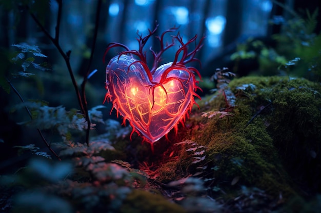 Pianta bioluminescente incandescente a forma di cuore umano in una foresta misteriosa IA generativa