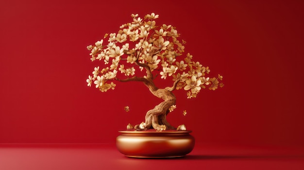 Pianta decorativa cinese auspiciosa ricoperta d'oro su sfondo rosso