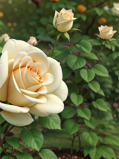 Pianta del fiore della rosa in natura in crema del primo piano di autunno Rose in giardino w