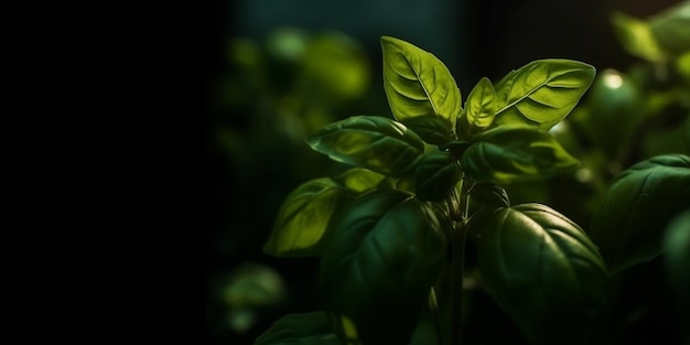 Pianta di basilico con foglie verdi su sfondo scuro Erbe fresche per cucinare utilizzate nelle cucine di tutto il mondo