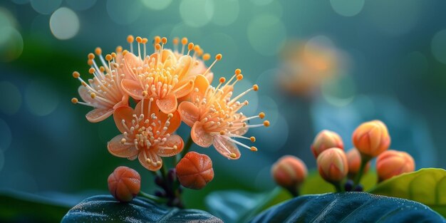 Pianta di caffè con fiori e frutti con attenzione selettiva al fiore