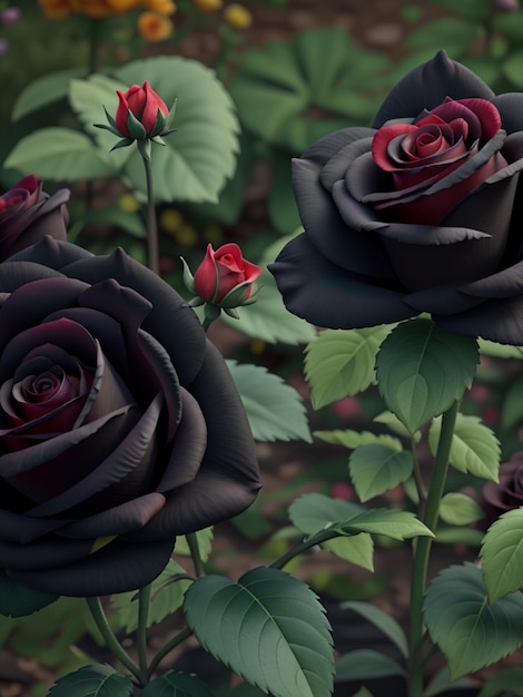 Pianta di fiori di rosa in natura in primo piano autunnale Rose nere in giardino con bokeh di sfondo verde