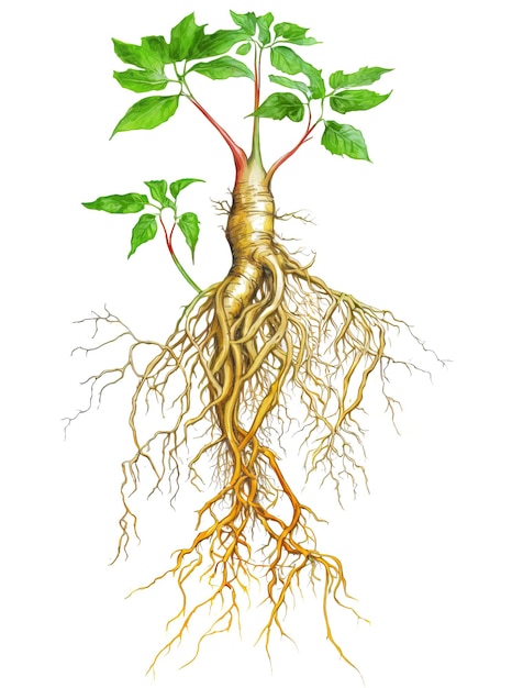 Pianta di ginseng con radici lunghe isolate su bianco Generative AI r