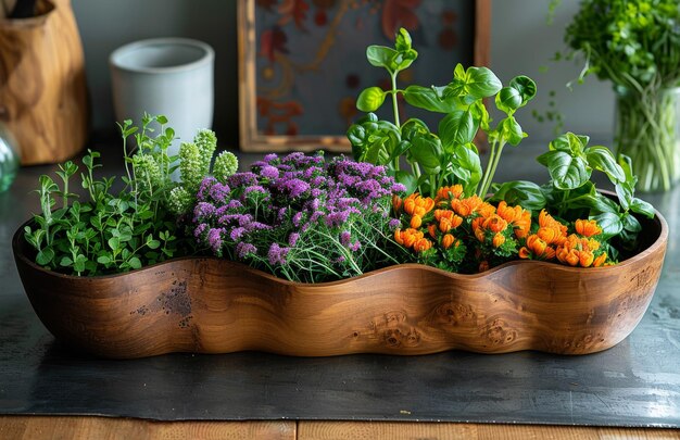 Pianta di legno piena di erbe e fiori