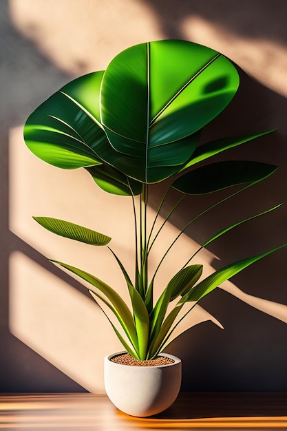 Pianta di palma tropicale verde in moderno vaso di design in legno marrone all'ombra delle foglie della luce solare su c bianco