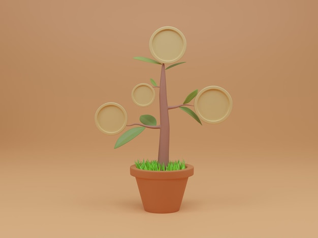 Pianta di semenzale con fiore di moneta in vaso su sfondo arancione chiaro Concetto di crescita del denaro a lungo termine Illustrazione di rendering 3d
