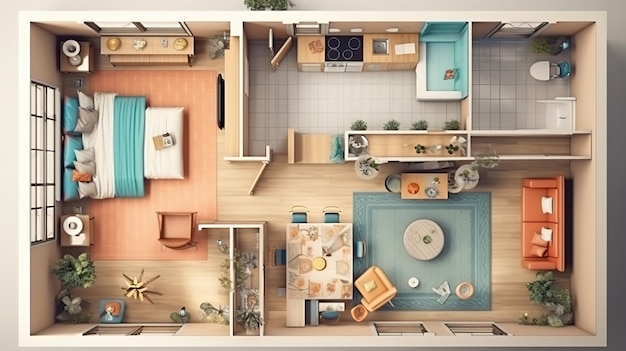 Pianta di una casa vista dall'alto Illustrazione 3D Ai generativa
