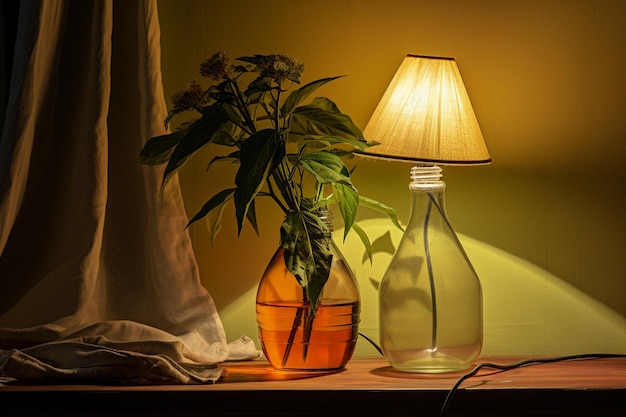 Pianta in vaso con telefono cellulare e lampada sul tavolo a casa