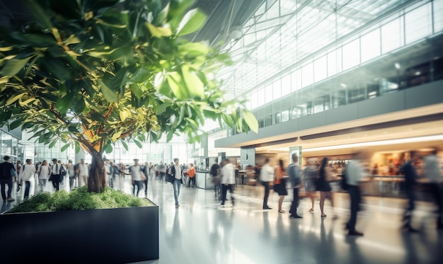 Pianta nel terminal dell'aeroporto con la gente che cammina in giro nello stile di paesaggi sfocati tedesco