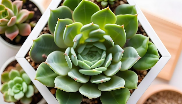 pianta succulenta in un vaso di vetro a triangolo geometrico posto su uno sfondo di legno bianco