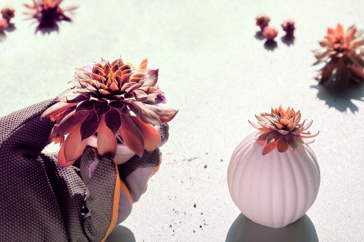 Foto pianta succulenta sempervivum in mano guantata, luce forte con ombre