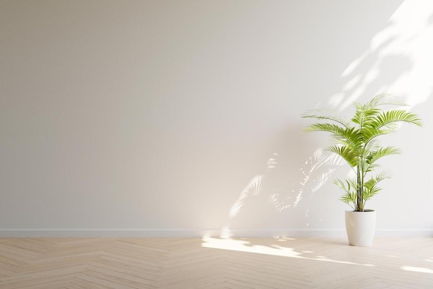 Pianta tropicale in vaso di fiori in piedi sul pavimento di legno davanti al muro bianco vuoto nella stanza vuota Modello