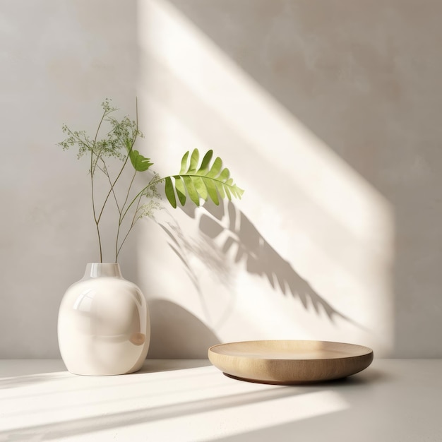 Pianta verde in moderno vaso bianco su bancone in pietra con ombra fogliare e luce solare per l'interior design e la visualizzazione del prodotto rendering 3D