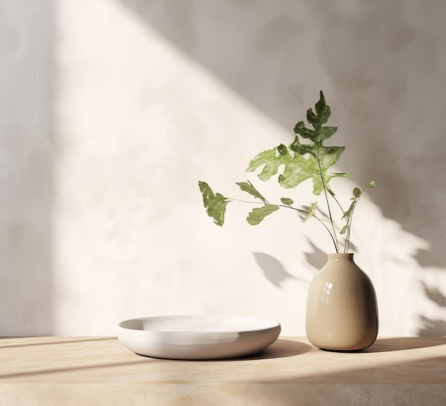 Pianta verde in moderno vaso bianco su bancone in pietra con ombra fogliare e luce solare per l'interior design e la visualizzazione del prodotto rendering 3D