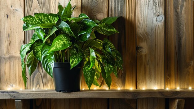 Pianta verde in vaso nero esposta su uno scaffale di legno con illuminazione a strisce LED e legno Generative Ai