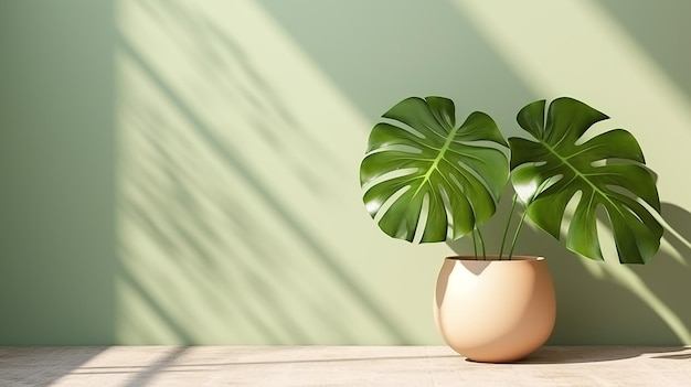 pianta verde sana di monstera gigante in vaso di ceramica beige alla luce del sole con parete verde