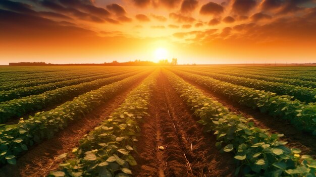 Piantagione agricola di soia in una giornata di sole Pianta di soia verde in crescita con la luce solare sul campo