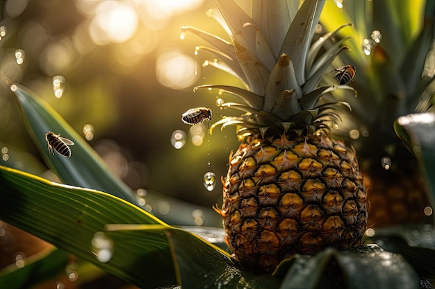 Piantagione di ananas sotto il sole splendente, frutti dorati, farfalle e api. Splendida scena tropicale generativa IA