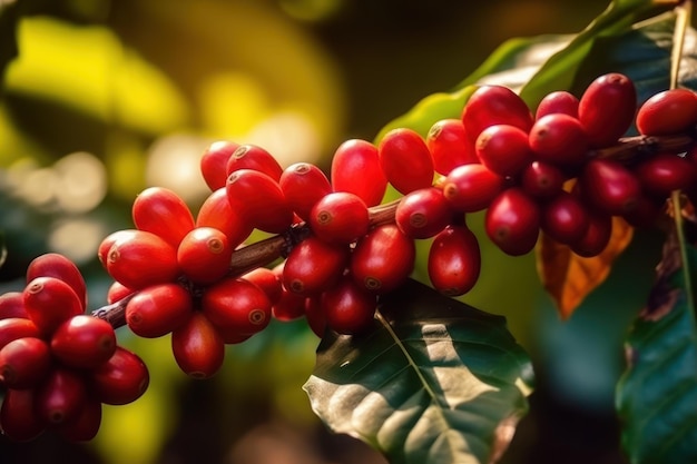 Piantagione di caffè chicchi di caffè rossi ramo di un albero primo piano sfocatura dello sfondo della natura IA generativa