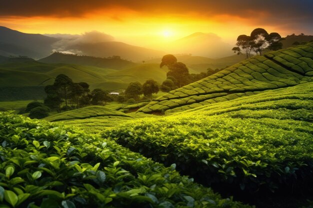 Piantagione di tè Paesaggio con campi di tè e montagne sullo sfondo Foglie di tè verde raccolta biologica