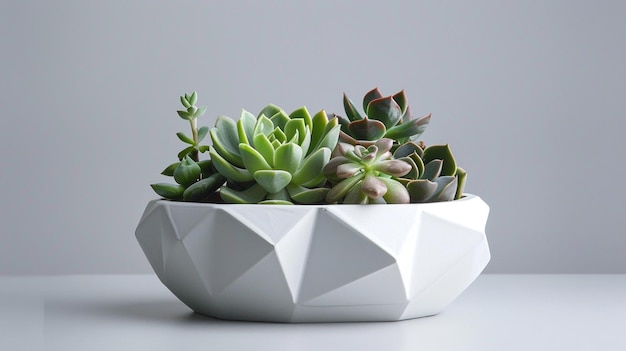 piantagione geometrica moderna bianca con piante succulente su sfondo grigio chiaro