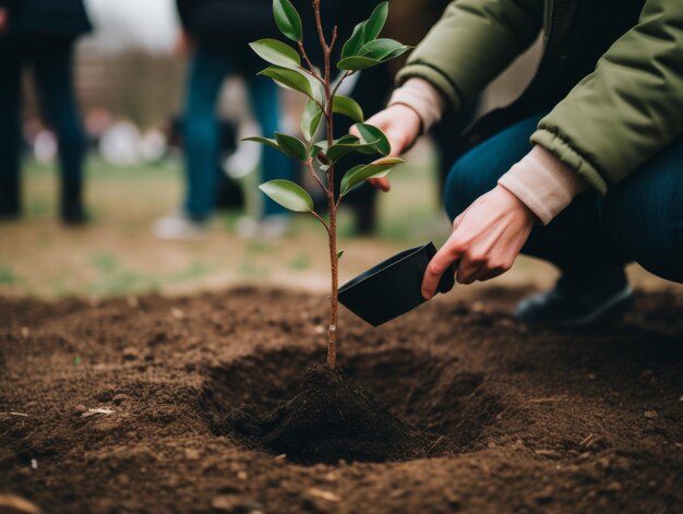 Piantare alberi in un parco urbano durante un evento comunitario