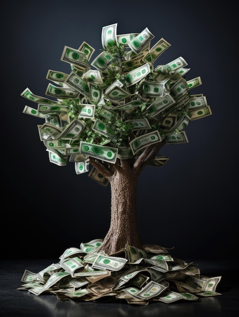 piantare albero di denaro contante a foglia con monete d'oro come illustrazione di investimento aziendale