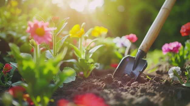 Piantare fiori in un giardino soleggiato Concept di lavori di giardinaggio primaverile