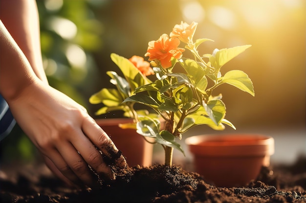 Piantare fiori su un vaso con la luce del sole