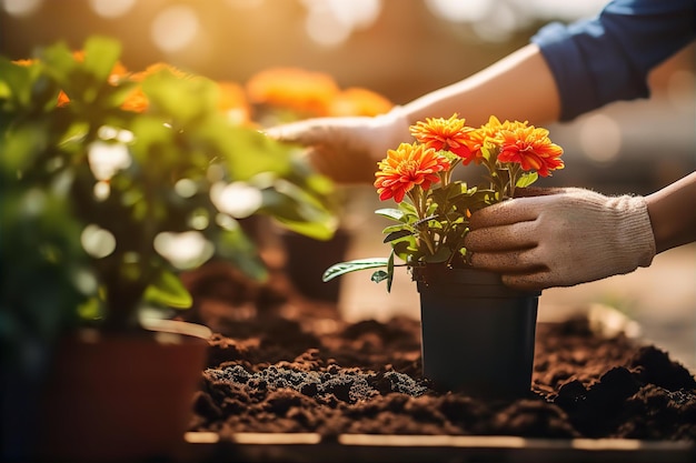 Piantare fiori su un vaso con la luce del sole