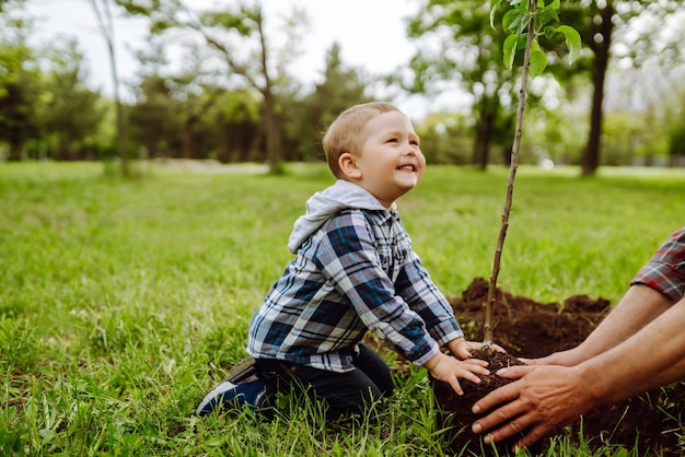 Piantare l'albero genealogico Ragazzino che aiuta suo nonno a piantare un albero Piccolo giardiniere divertente