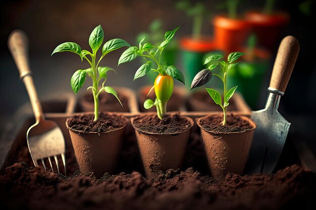 Piantare piantine con un piccolo primo piano di paletta da giardino IA generativa