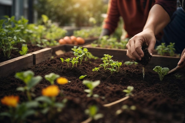 Piantare semi o giovani piantine nel letto del giardino elevato