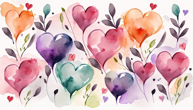 Piante A Forma Di Cuore Colorate. Cartolina di San Valentino con cuori di amore dell'acquerello