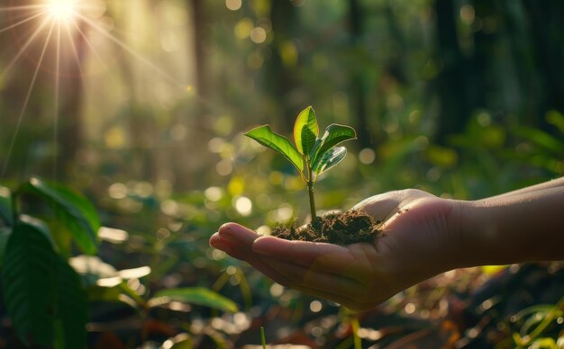 Piante a mano e sostenibilità per l'agricoltura ambientale o giardinaggio del giorno della terra in natura piantagione